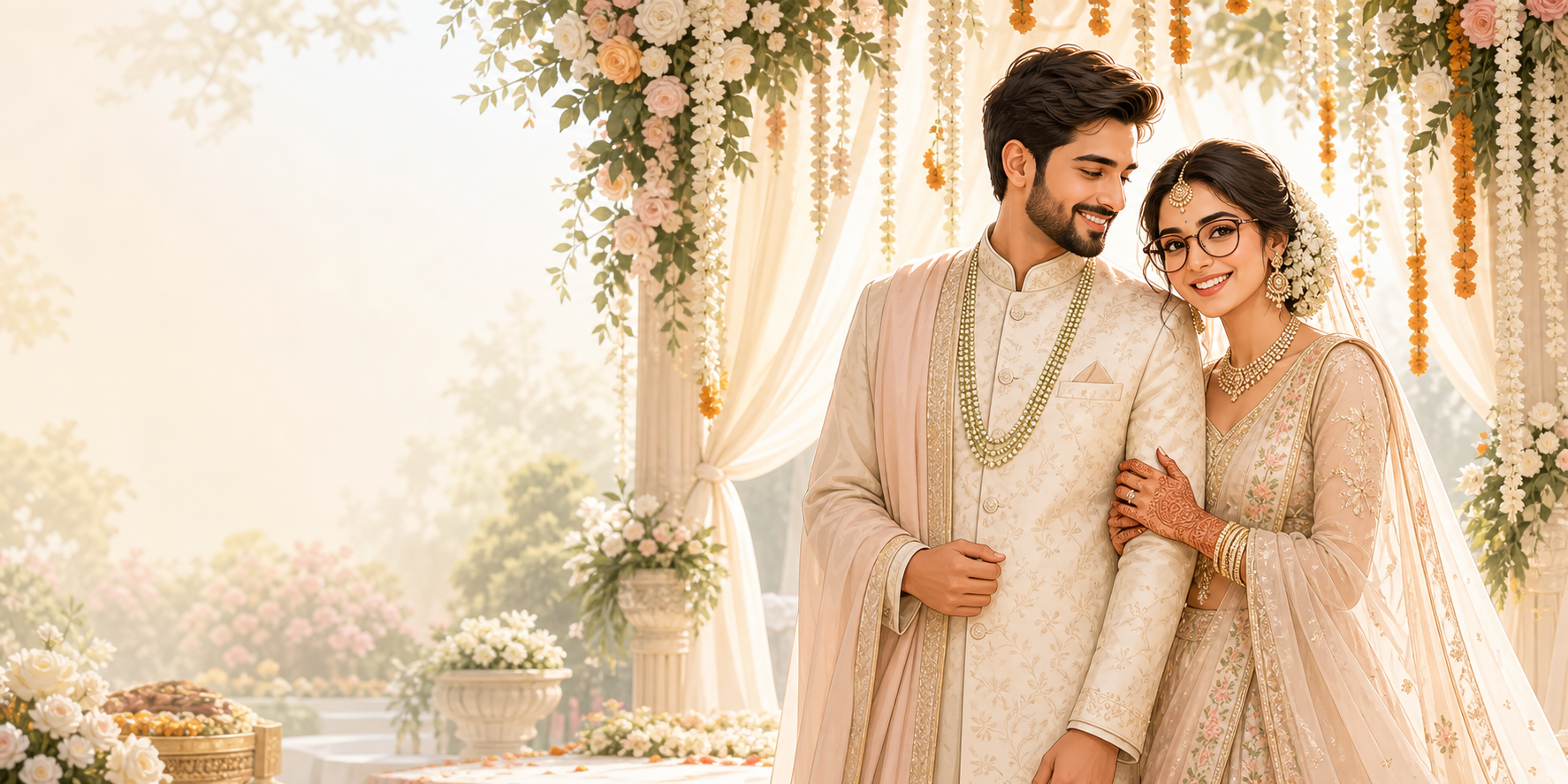 Cartoon illustration of Shivam and Kanika in a garden wedding setting, with Kanika wearing glasses.